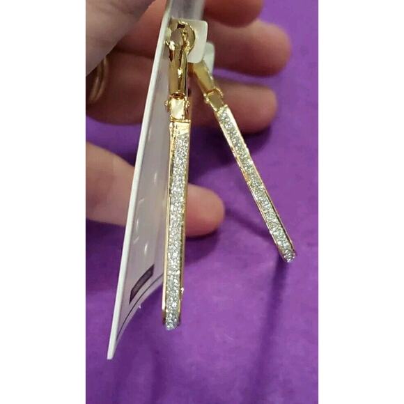 Large Geometric Design Square Hoop Earrings In Gold Tone Metal & Glittery Accent - Picture 7 of 8